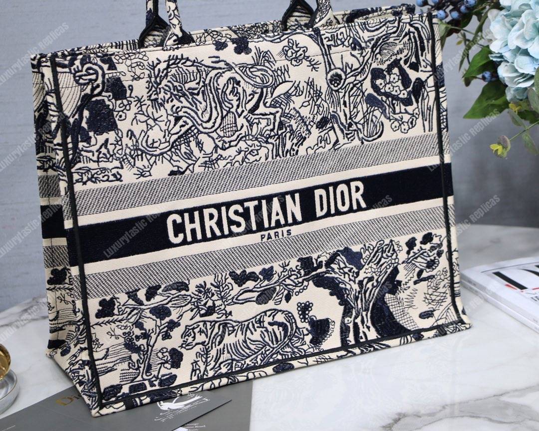 D*or book tote bag embroidered black & white toile de jouy carnivora