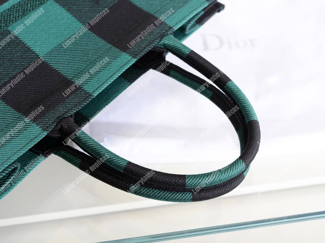 D*or book tote in green & black embroidered canvas