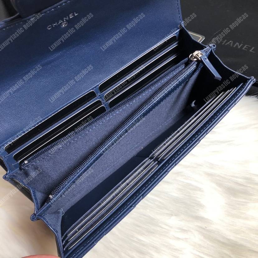 Ch*el classic long flap wallet silver tone navy blue