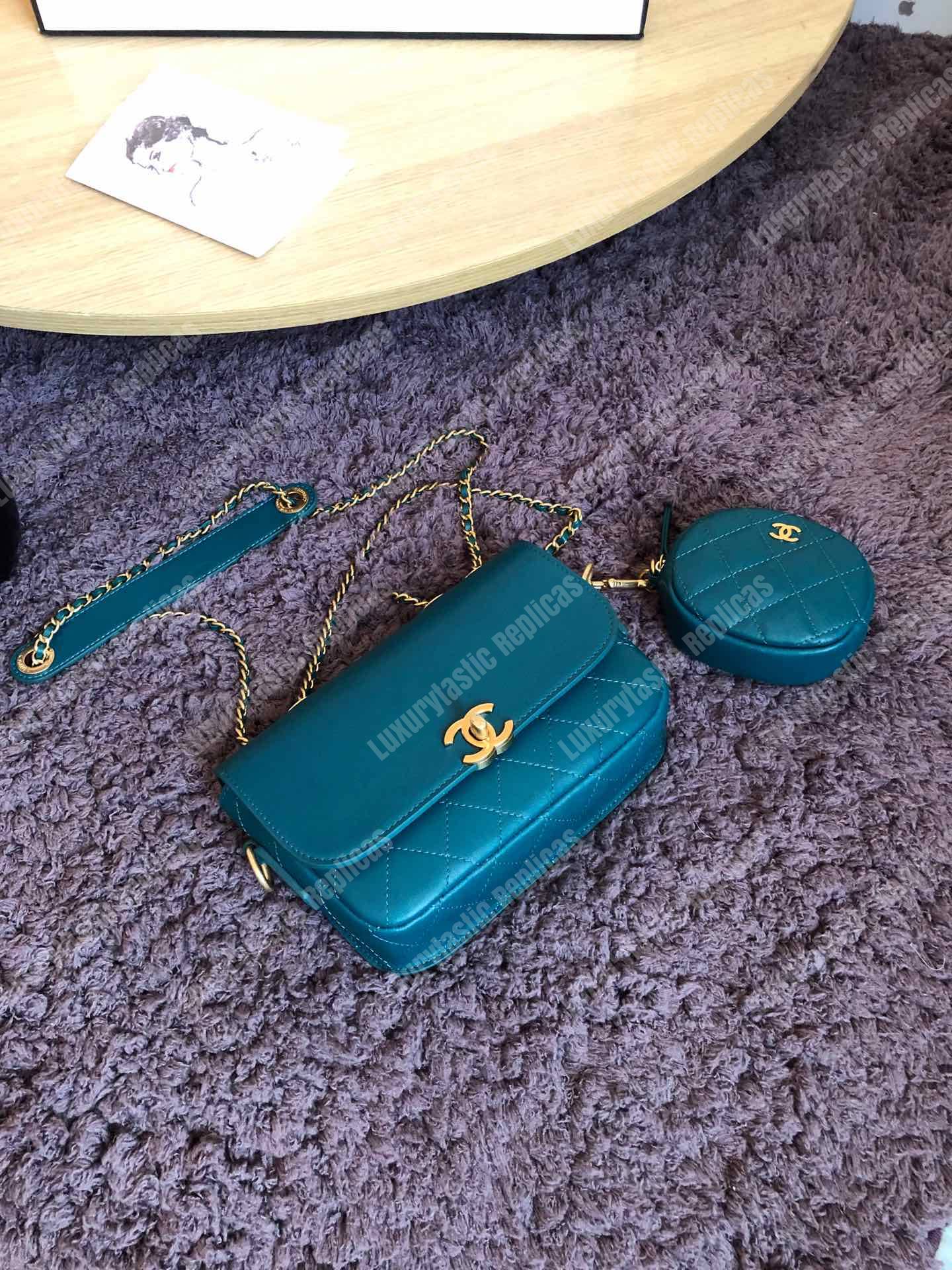 Ch*el flap bag & coin purse blue