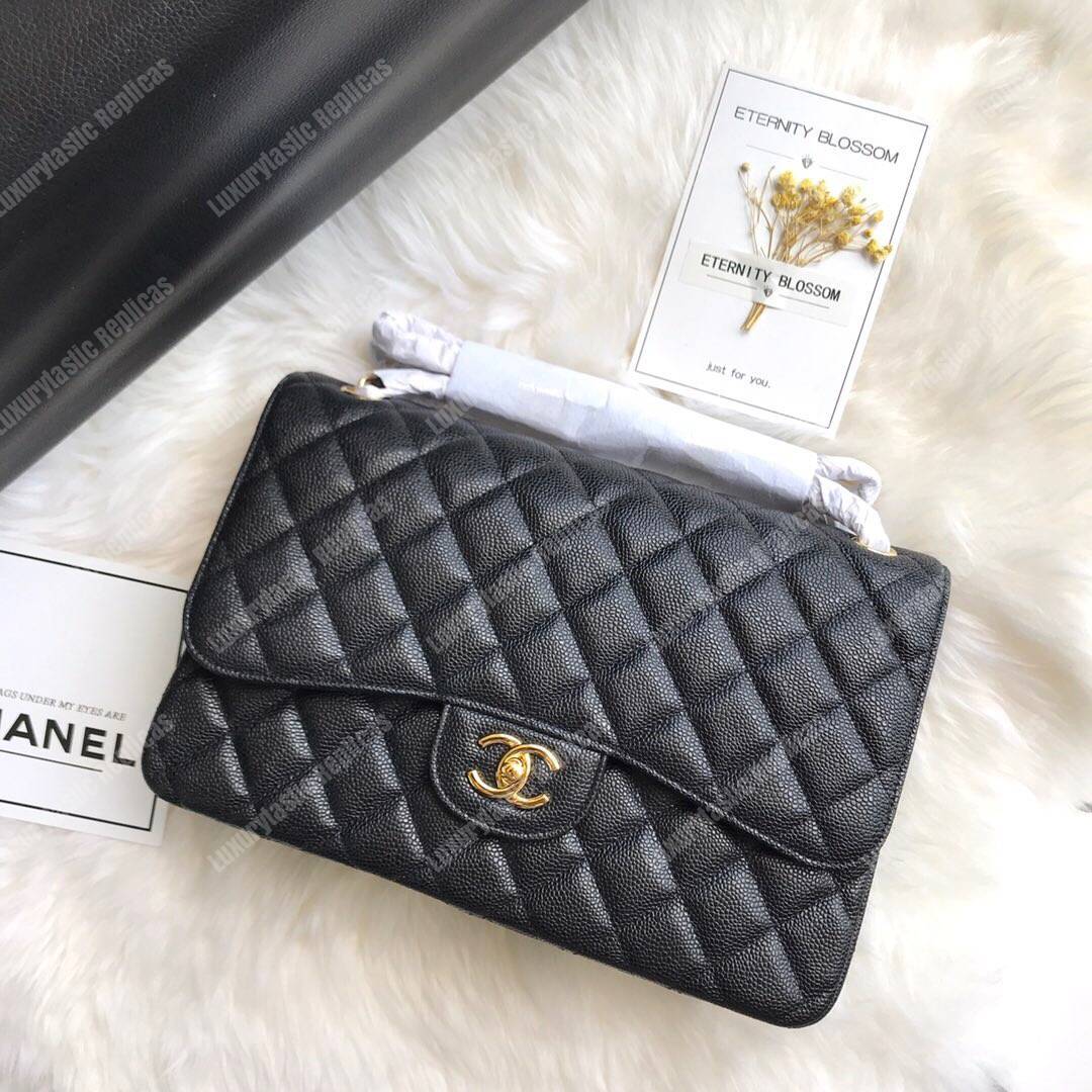 Ch*el classic maxi handbag black grained calfskin gold-toned