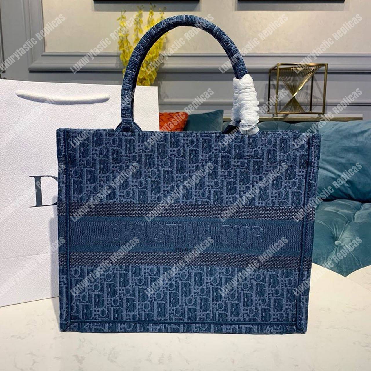 D*or small blue D*or oblique embroidered denim D*or book tote