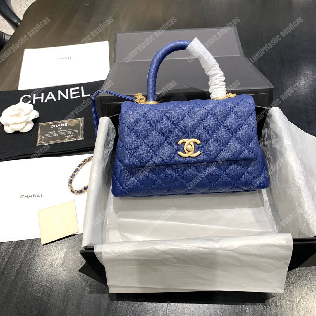 Ch*el flap bag with top handle caviar leather blue