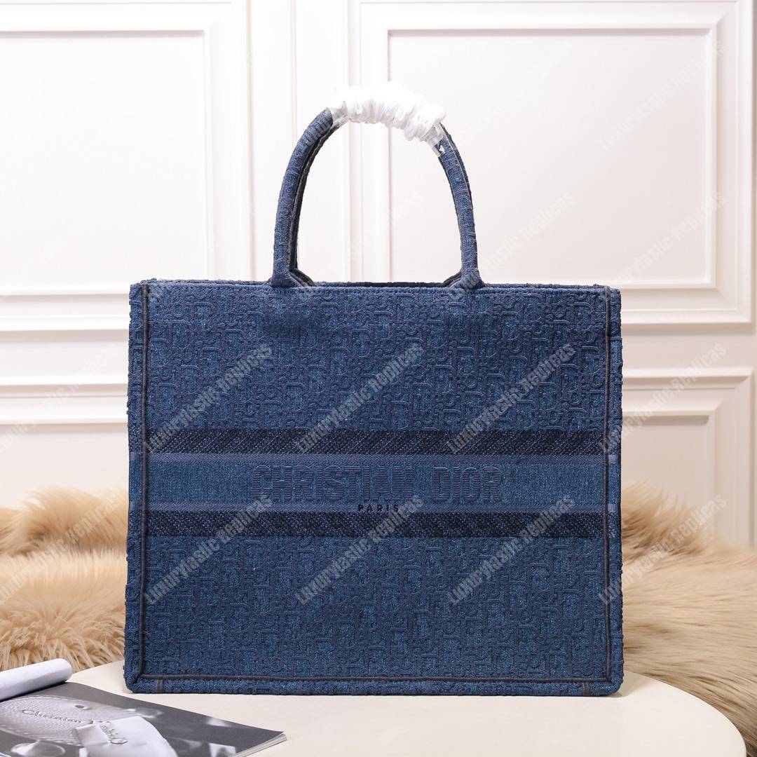 D*or book tote bag denim blue oblique embroidered canvas
