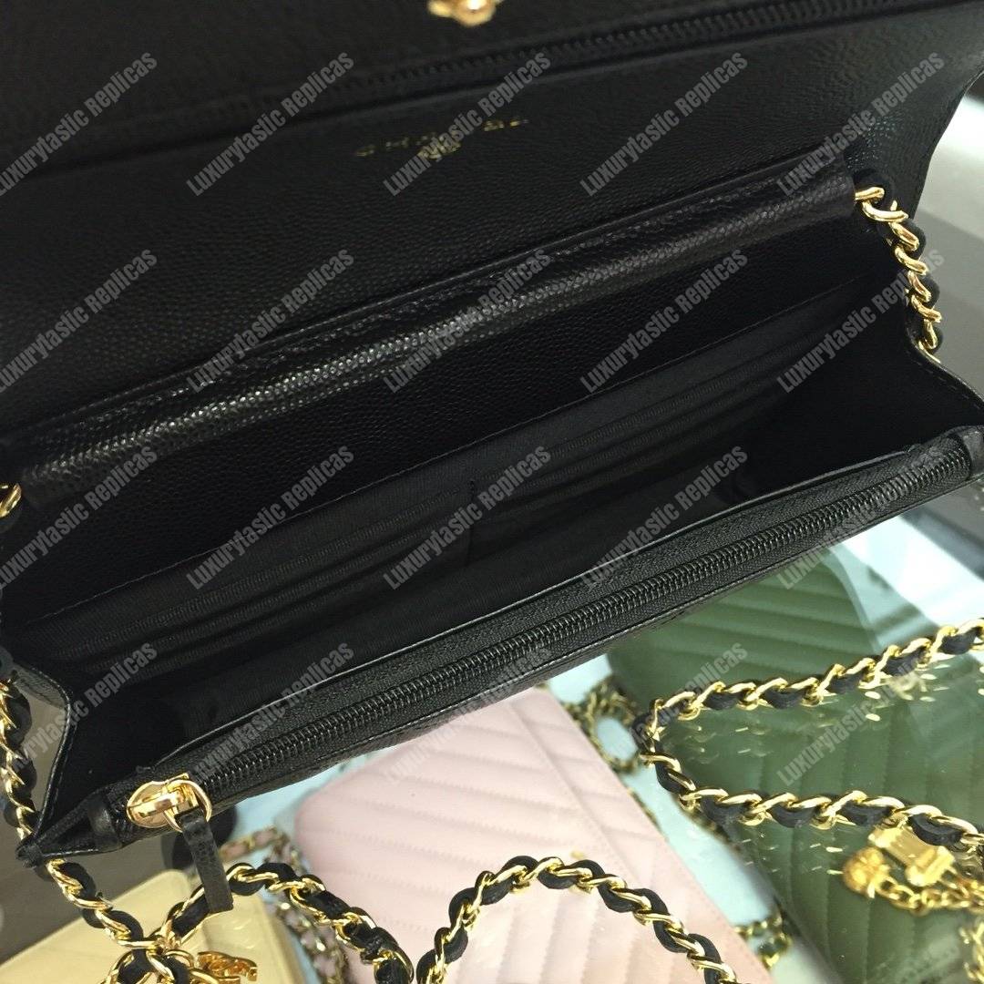 Ch*el wallet on chain – woc classic caviar gold-toned metal black