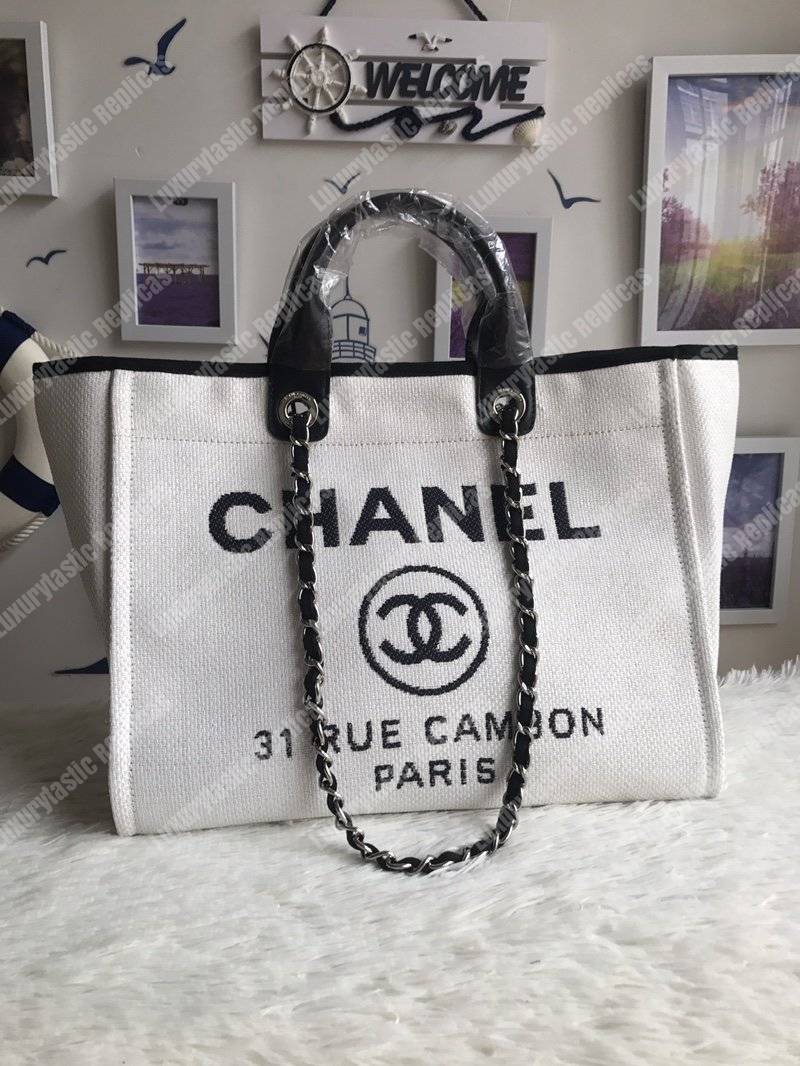 Ch*el deauville fabric tote white/black