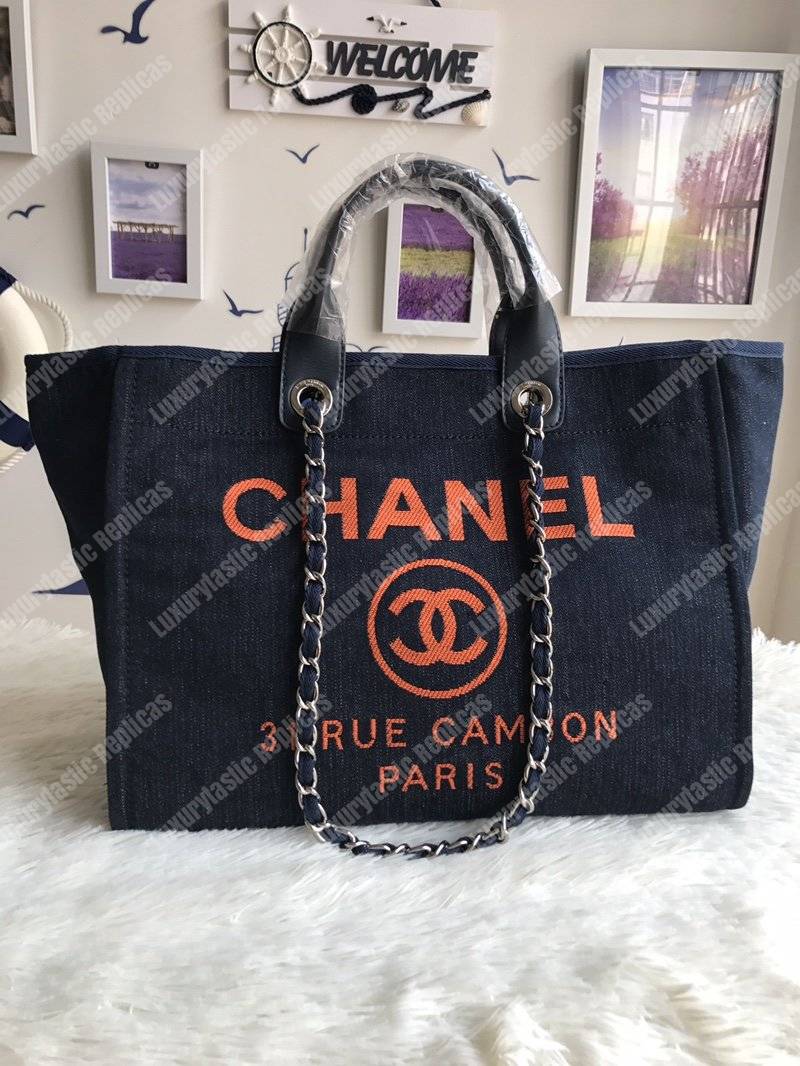 Ch*el deauville fabric tote dark blue/orange