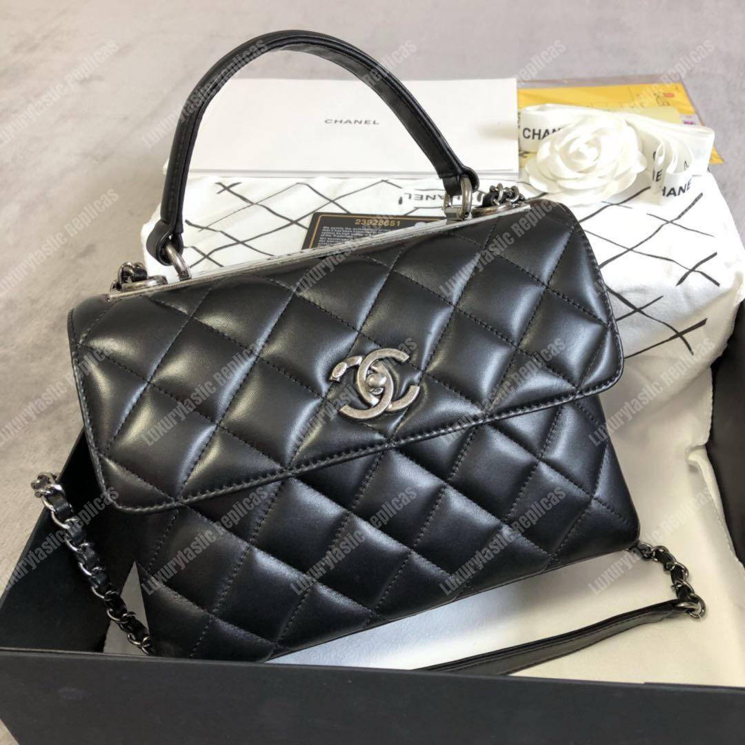 Ch*el small flap bag with top handle black-ruthenium