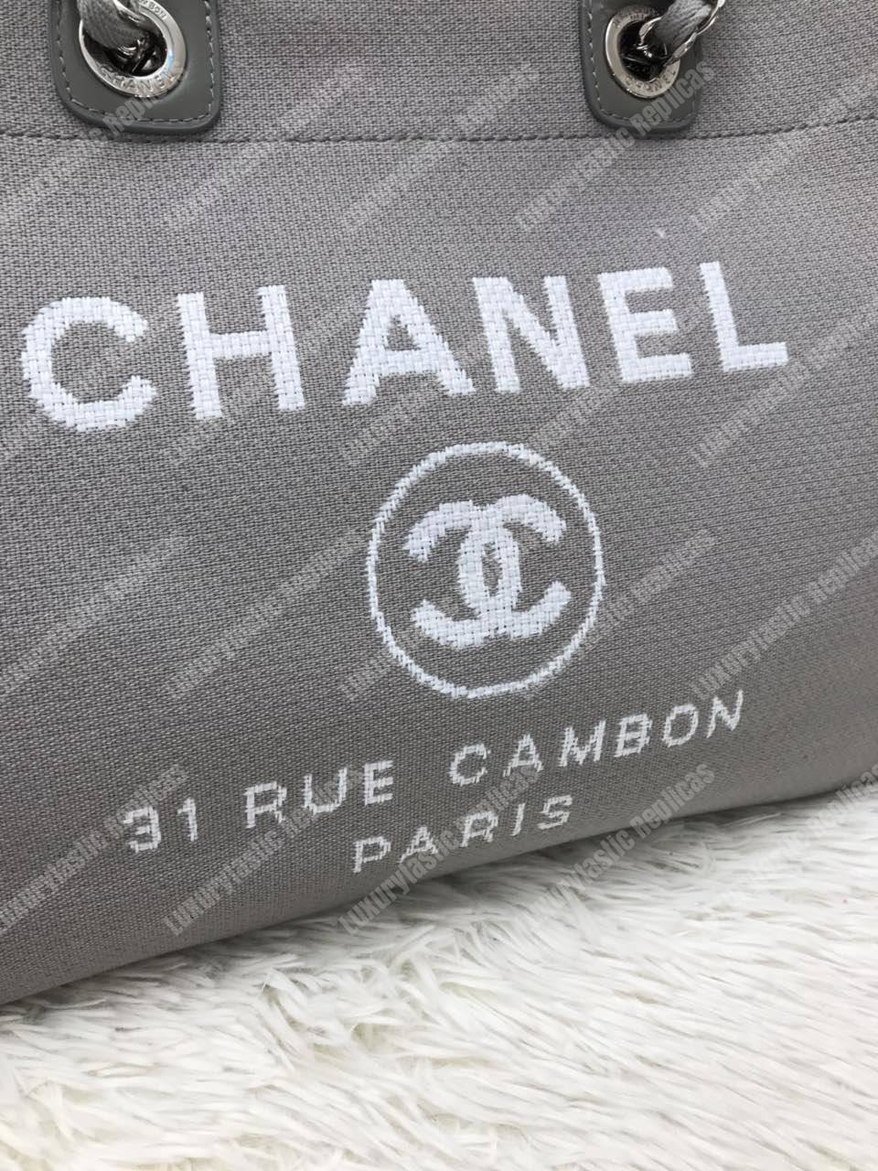 Ch*el deauville fabric tote navy gray/white