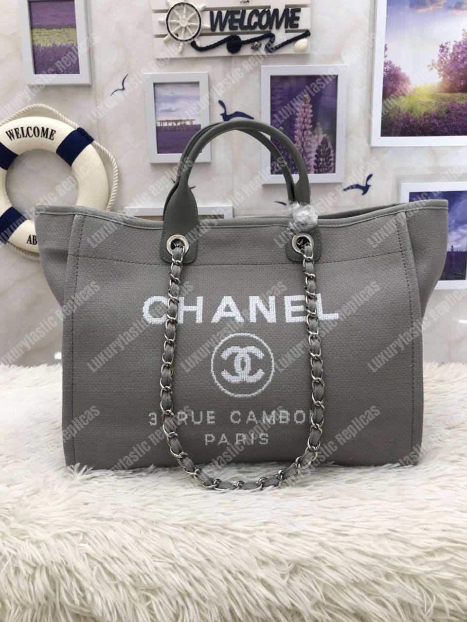Ch*el deauville fabric tote navy gray/white