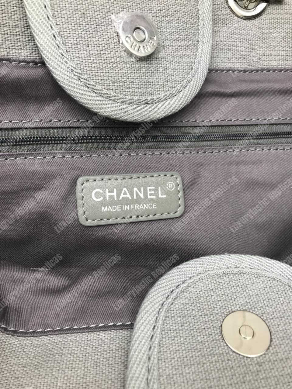 Ch*el deauville fabric tote navy gray/white