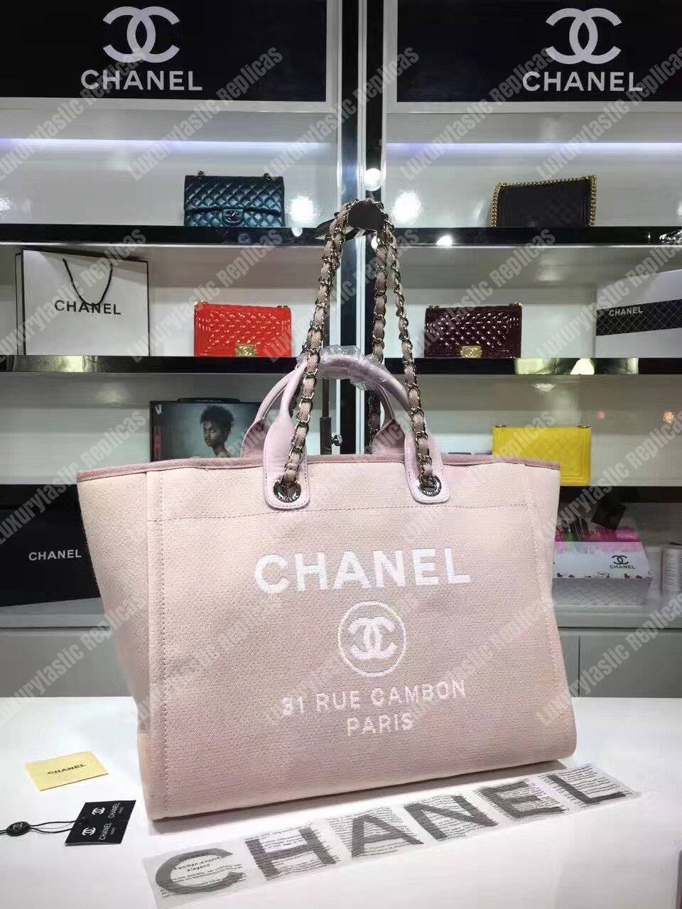 Ch*el deauville fabric tote rose pink/white