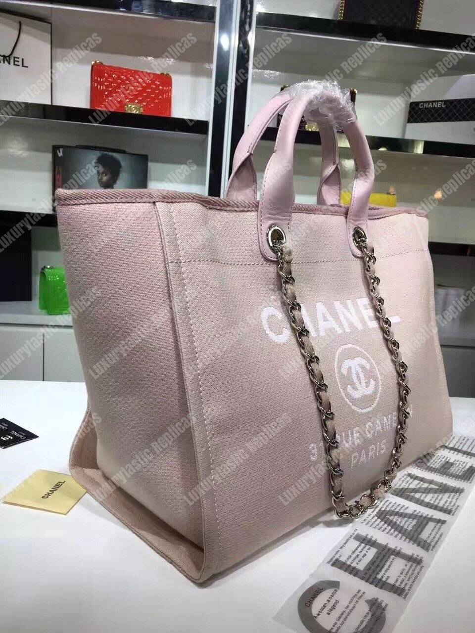 Ch*el deauville fabric tote rose pink/white