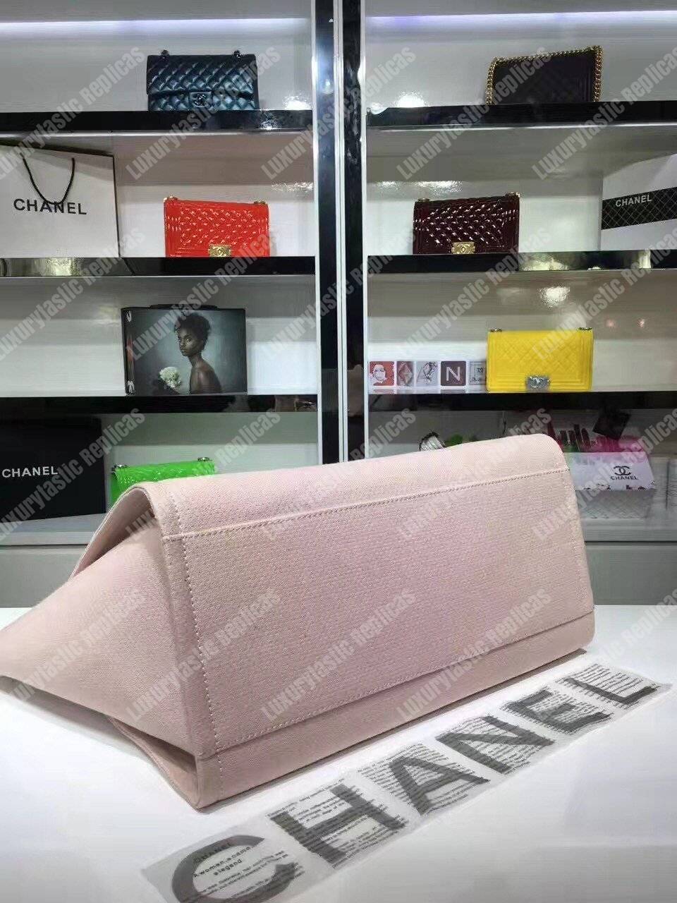 Ch*el deauville fabric tote rose pink/white
