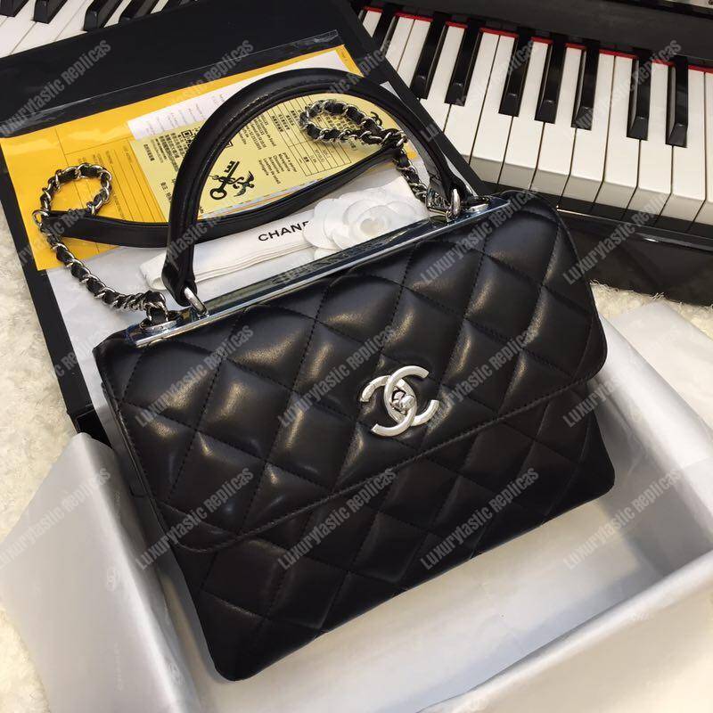 Ch*el small flap bag with top handle black-silver