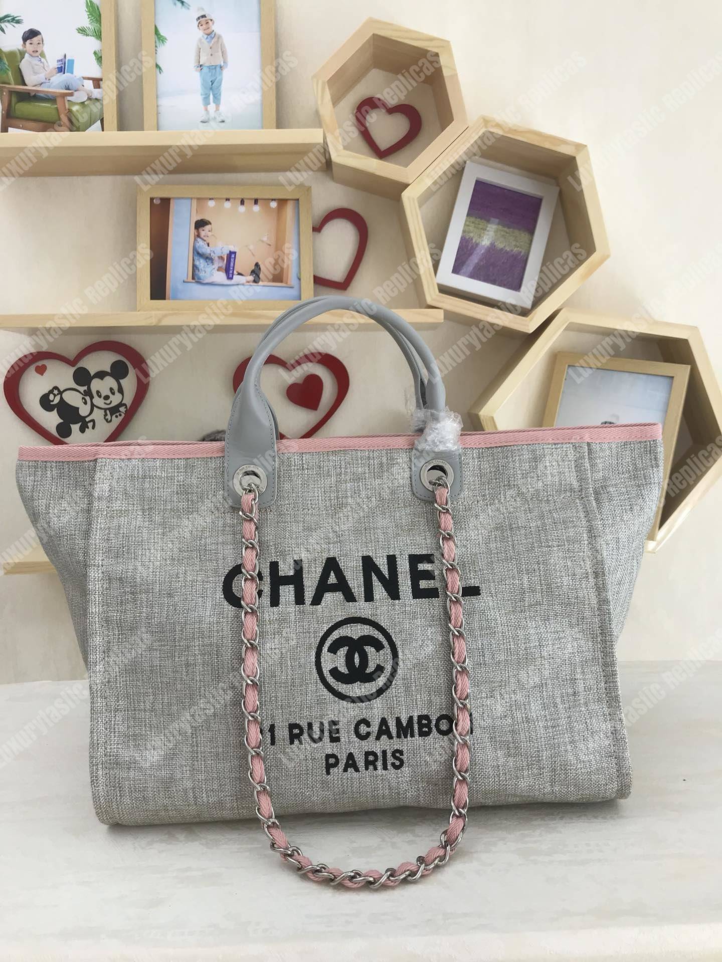 Ch*el deauville fabric tote gray/pink