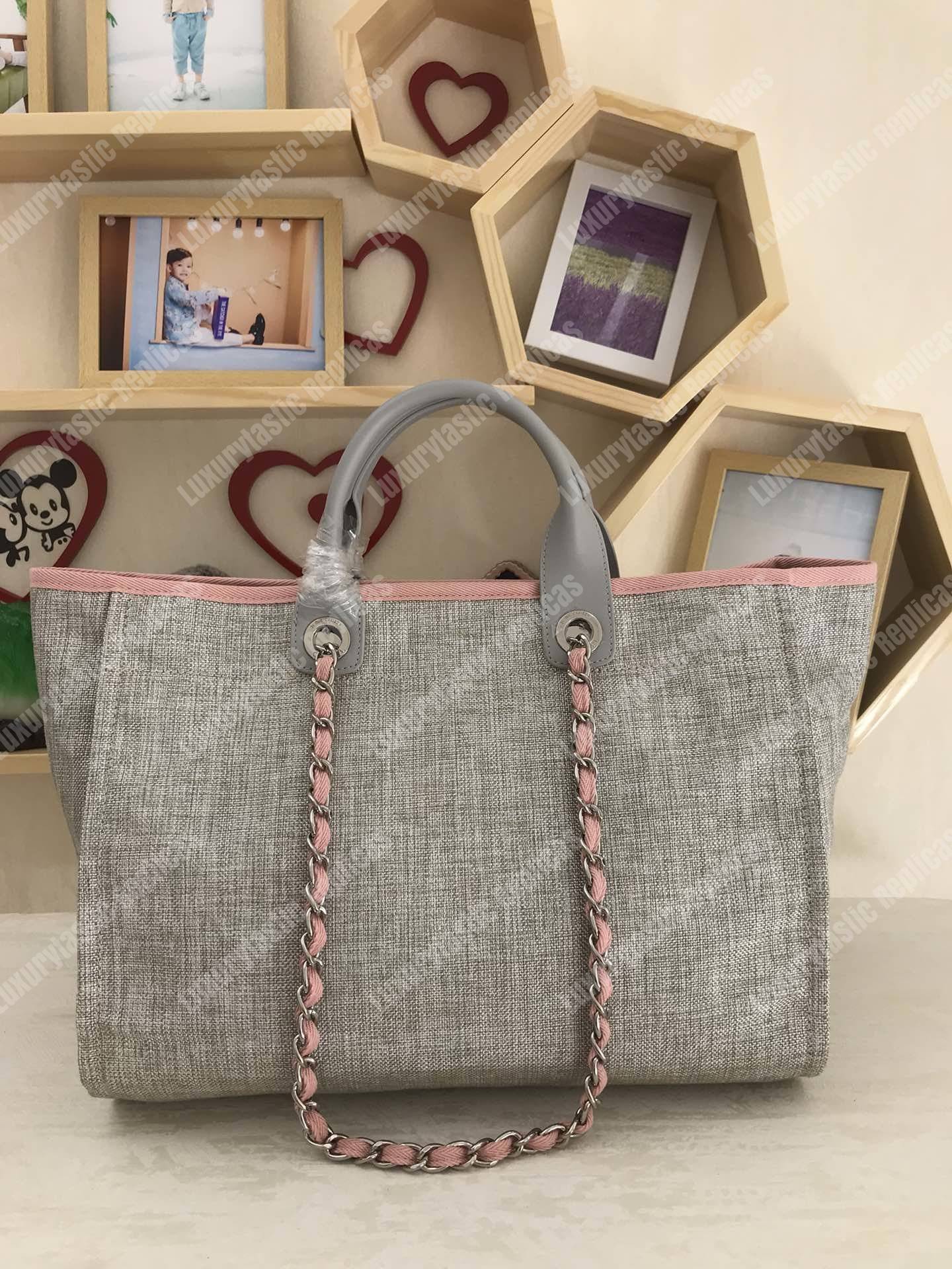 Ch*el deauville fabric tote gray/pink