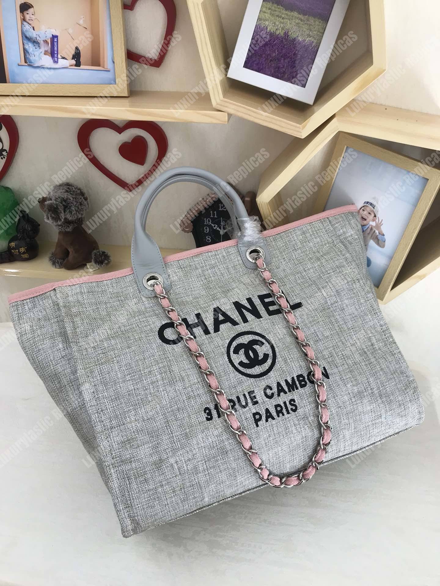 Ch*el deauville fabric tote gray/pink