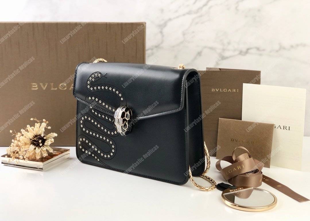 BVL Serpenti Forever Flap Cover Crossbody Bag Black With Studded Neon Motif