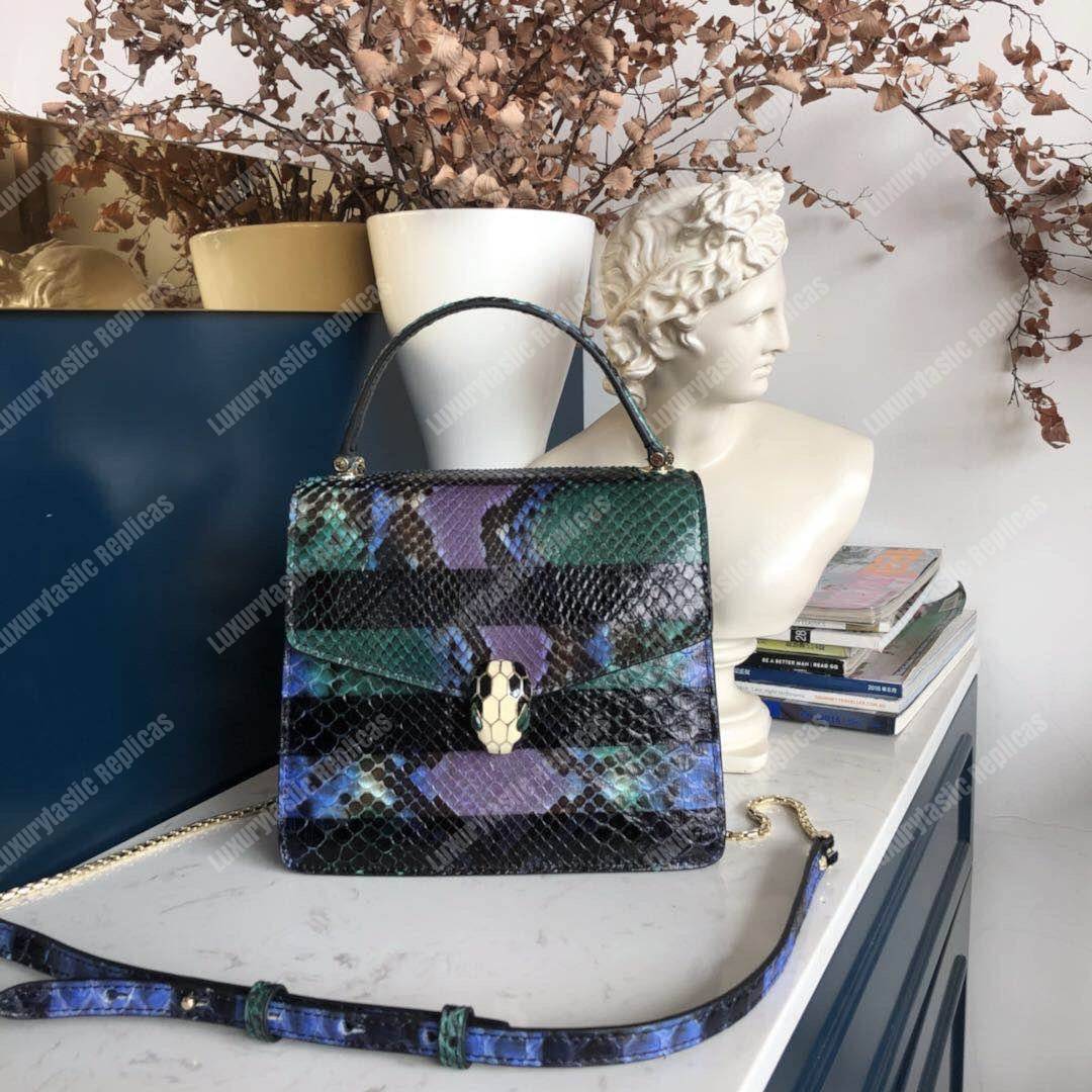 BVL Serpenti Forever Flap Cover Pop-Stripe Python Small Bag Royal Sapphire
