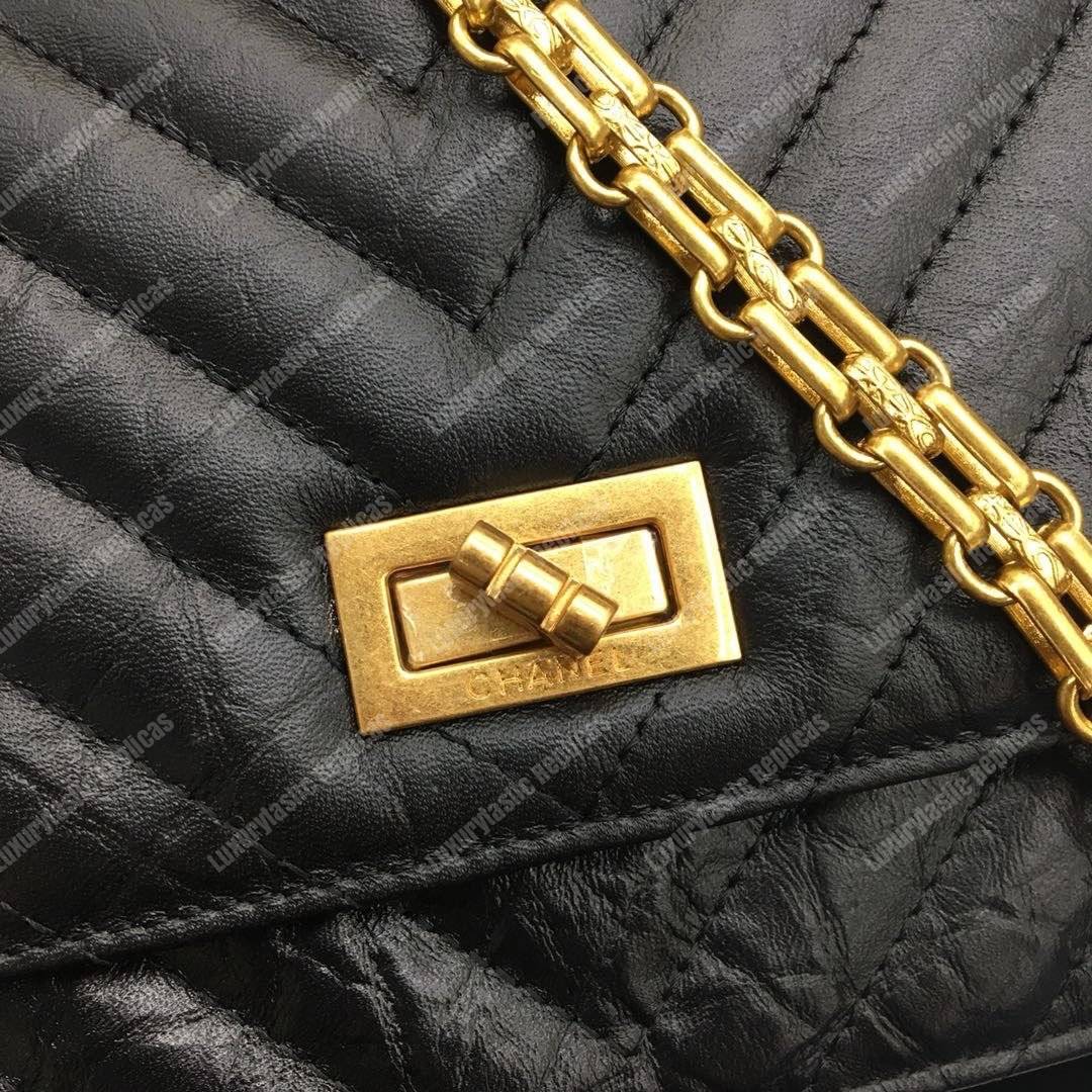 Ch*el reissue 2.55 wallet on chain – woc chevron calfskin black gold-toned