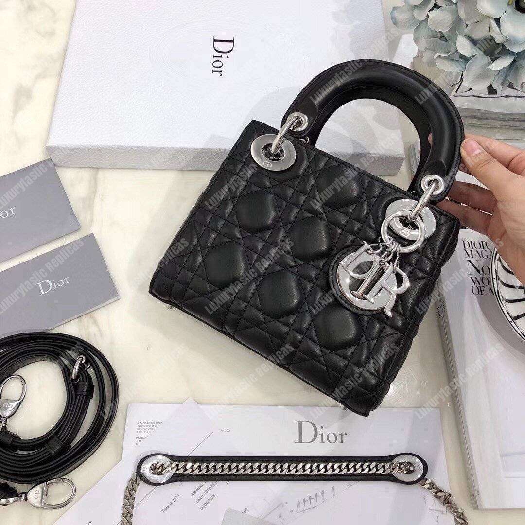 mini lady D*or lambskin bag with silver-toned metal
