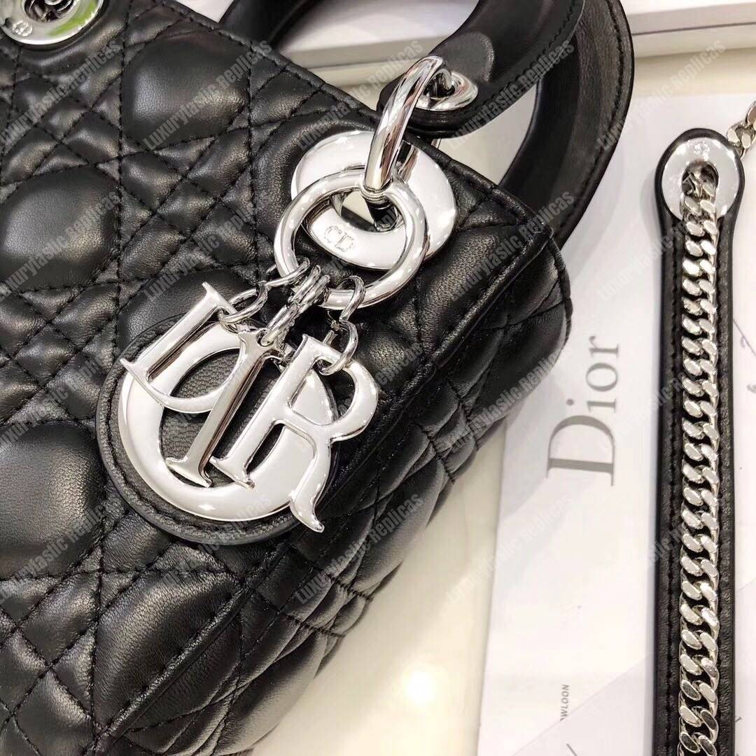 mini lady D*or lambskin bag with silver-toned metal