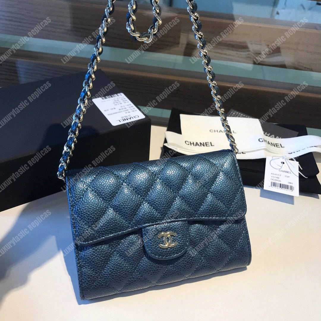 Ch*el classic clutch with chain – cwc caviar blue silver-toned