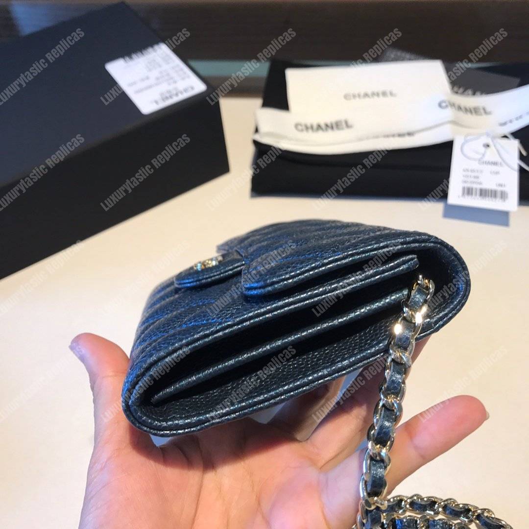 Ch*el classic clutch with chain – cwc caviar blue silver-toned