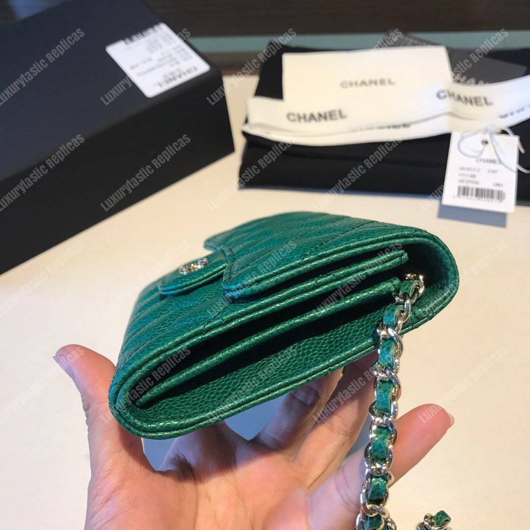 Ch*el classic clutch witch chain – cwc caviar green silver-toned