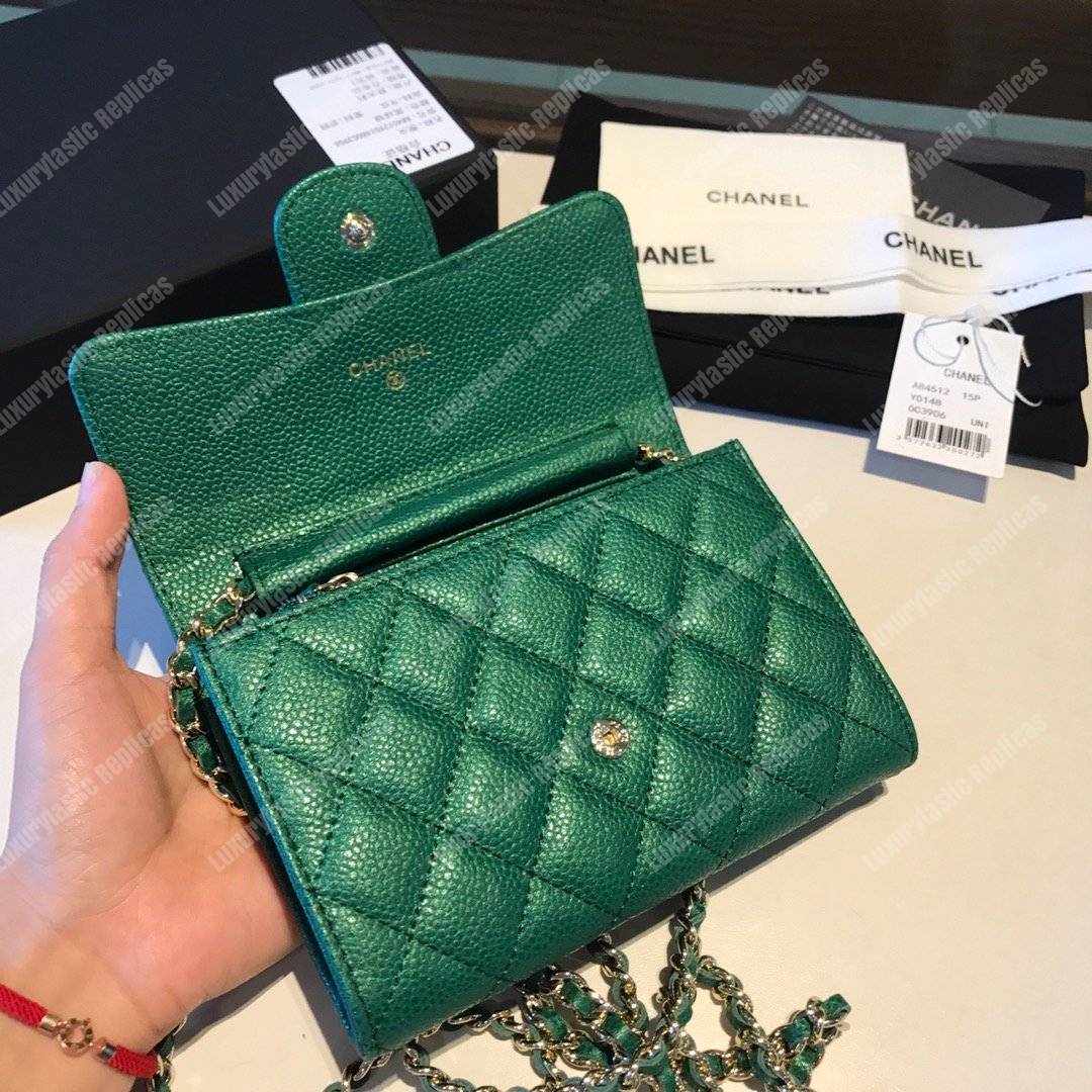 Ch*el classic clutch witch chain – cwc caviar green silver-toned