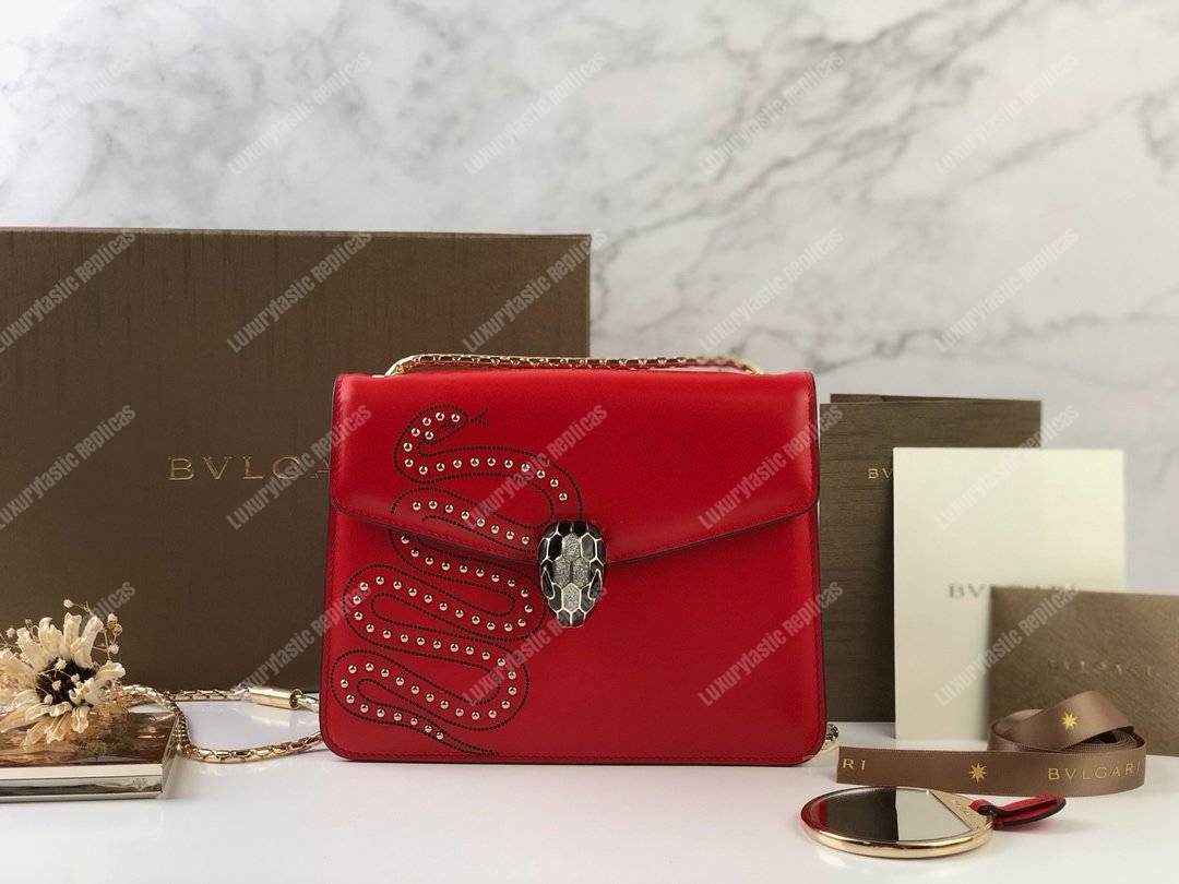 BVL Serpenti Forever Flap Cover Crossbody Bag Flame Coral With Studded Neon Motif
