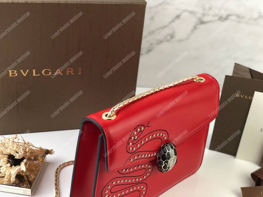 BVL Serpenti Forever Flap Cover Crossbody Bag Flame Coral With Studded Neon Motif