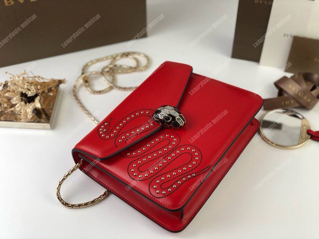 BVL Serpenti Forever Flap Cover Crossbody Bag Flame Coral With Studded Neon Motif