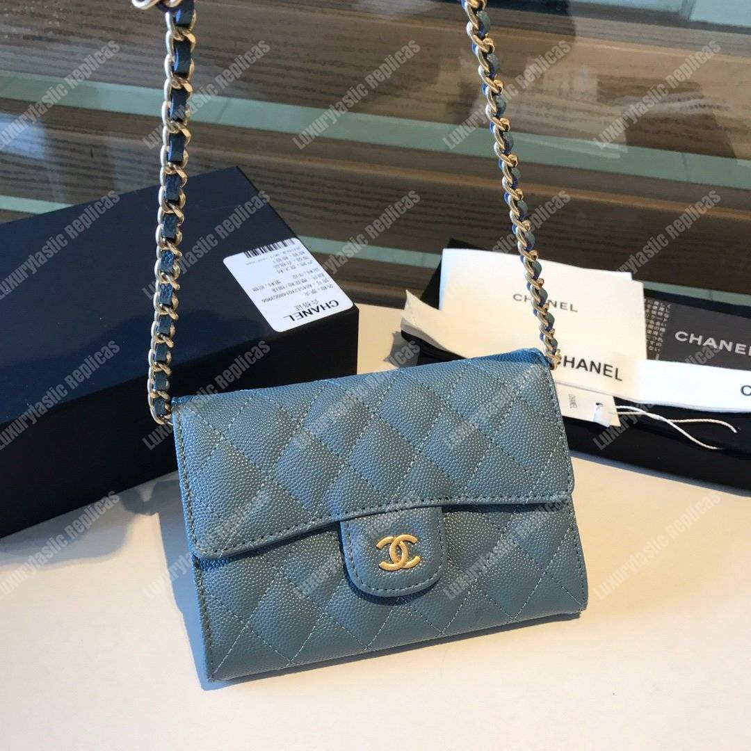 Ch*el classic clutch with chain – cwc caviar light blue silver-toned