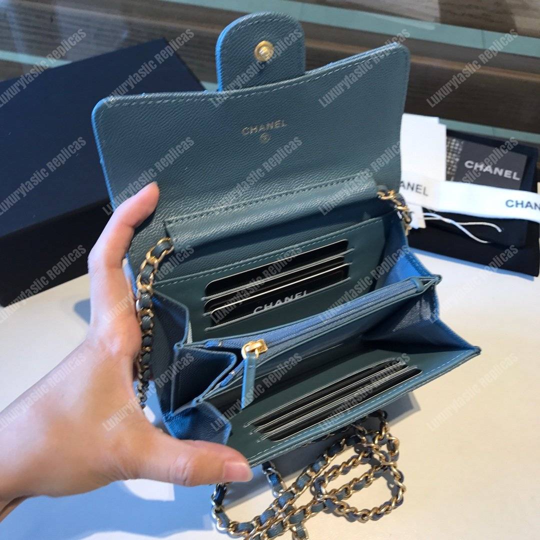 Ch*el classic clutch with chain – cwc caviar light blue silver-toned