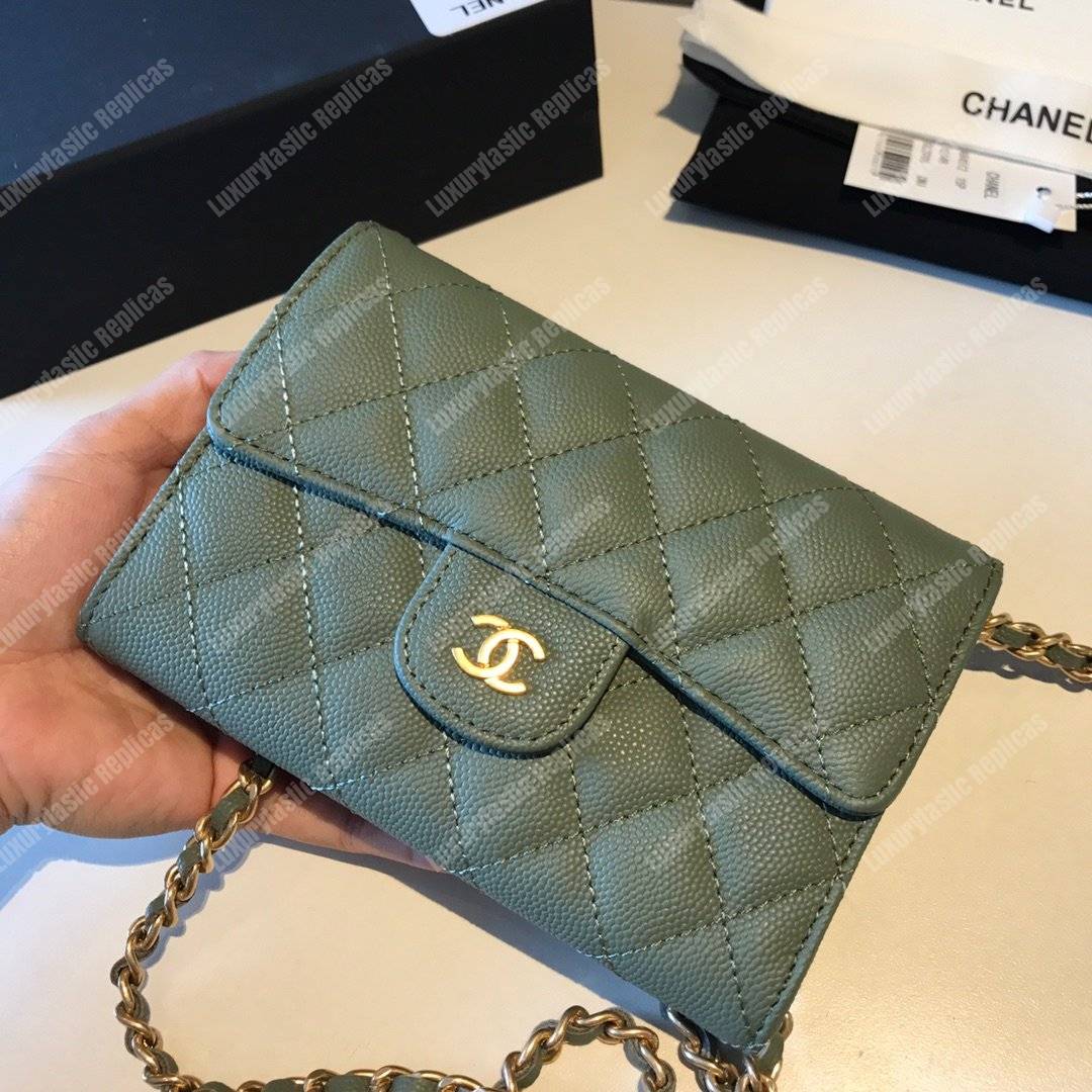 Ch*el classic clutch with chain – cwc caviar pistachio gold-toned