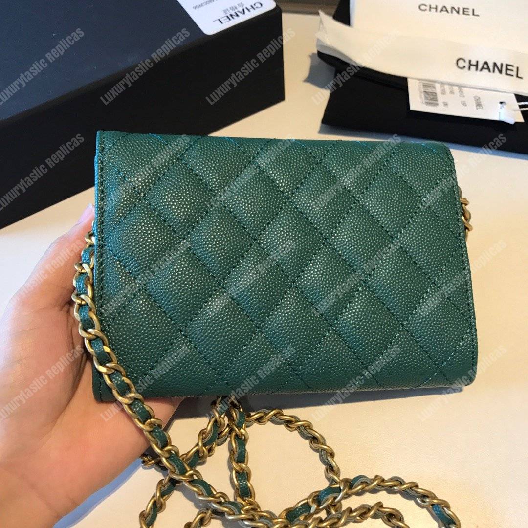 Ch*el classic clutch with chain – cwc caviar teal gold-toned