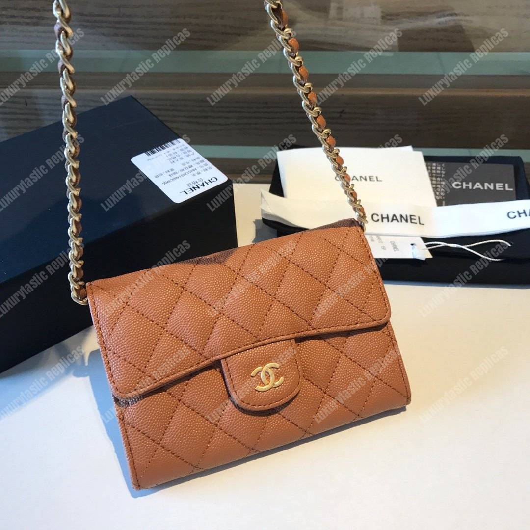 Ch*el classic clutch with chain – cwc caviar brown gold-toned