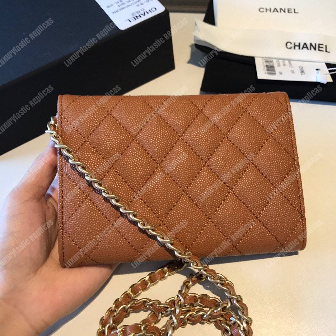 Ch*el classic clutch with chain – cwc caviar brown gold-toned