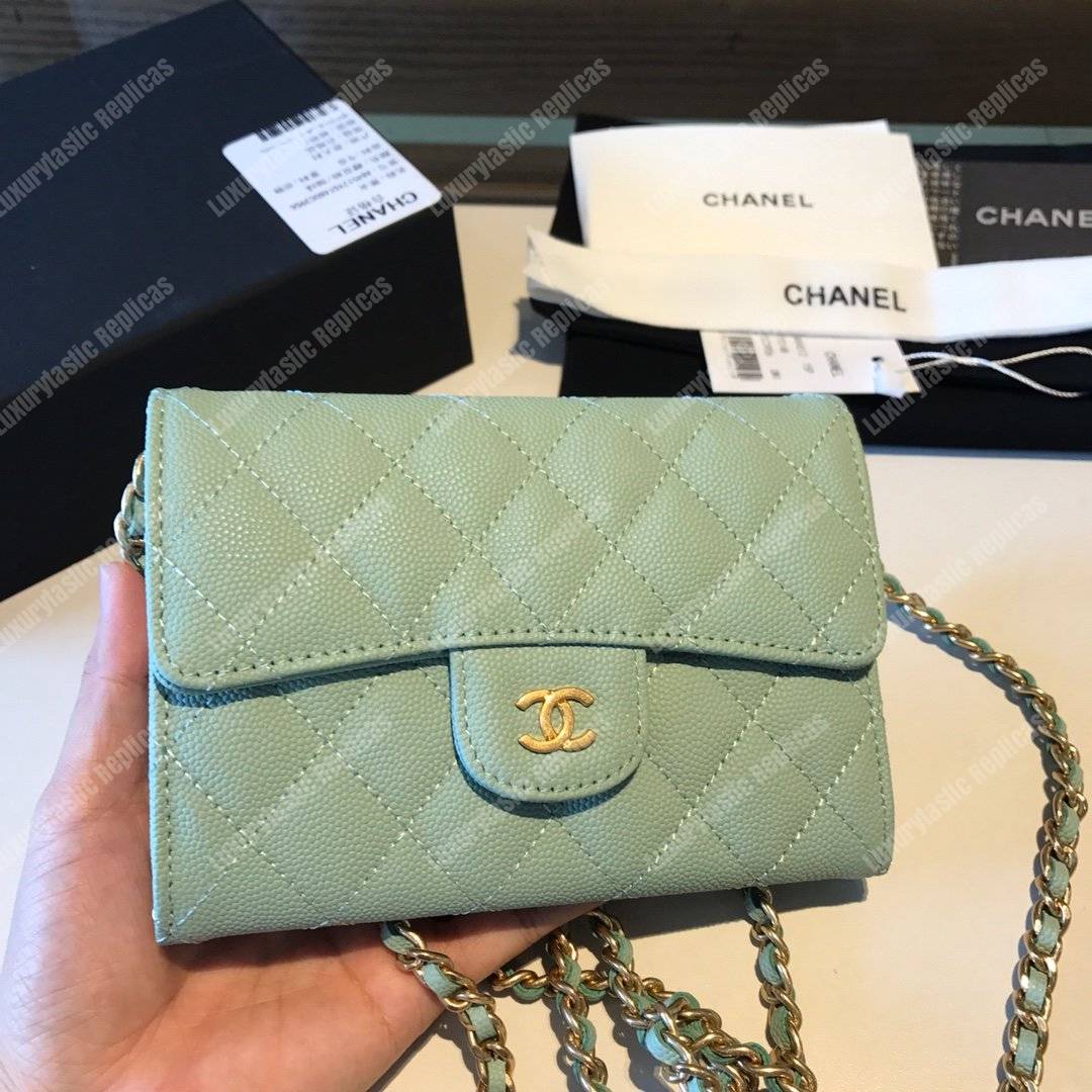 Ch*el classic clutch with chain – cwc caviar seafoam green silver-toned