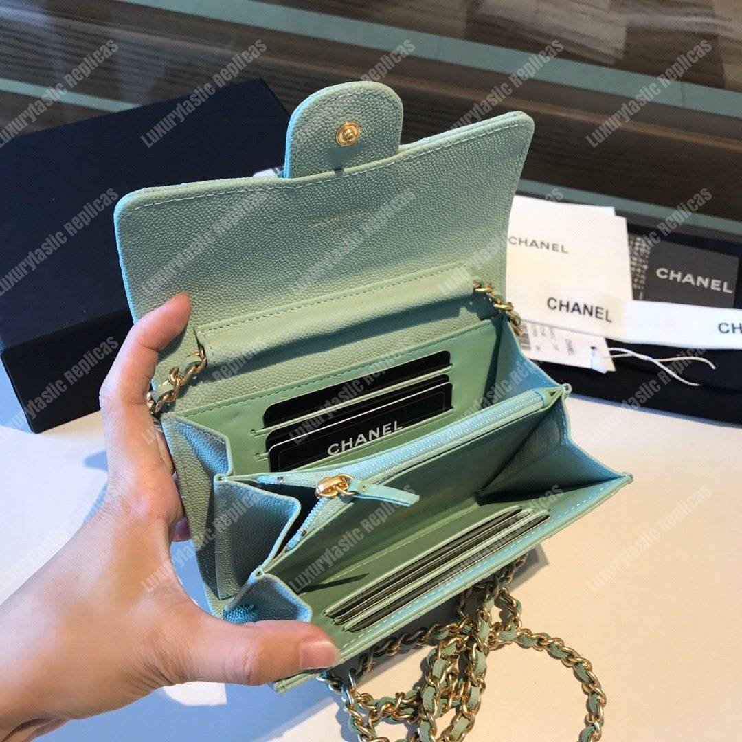 Ch*el classic clutch with chain – cwc caviar seafoam green silver-toned
