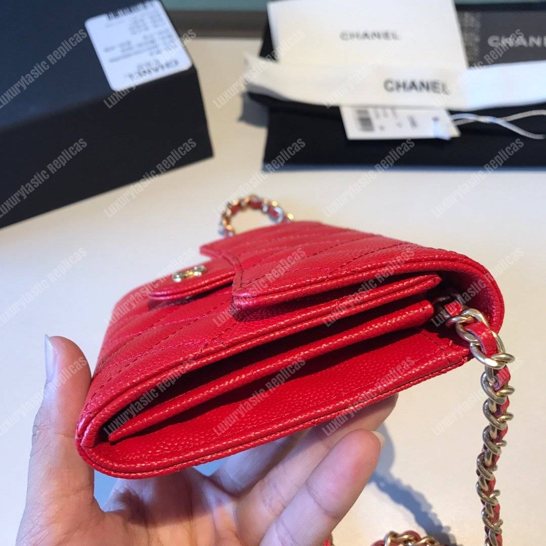 Ch*el classic clutch with chain – cwc caviar red silver-toned