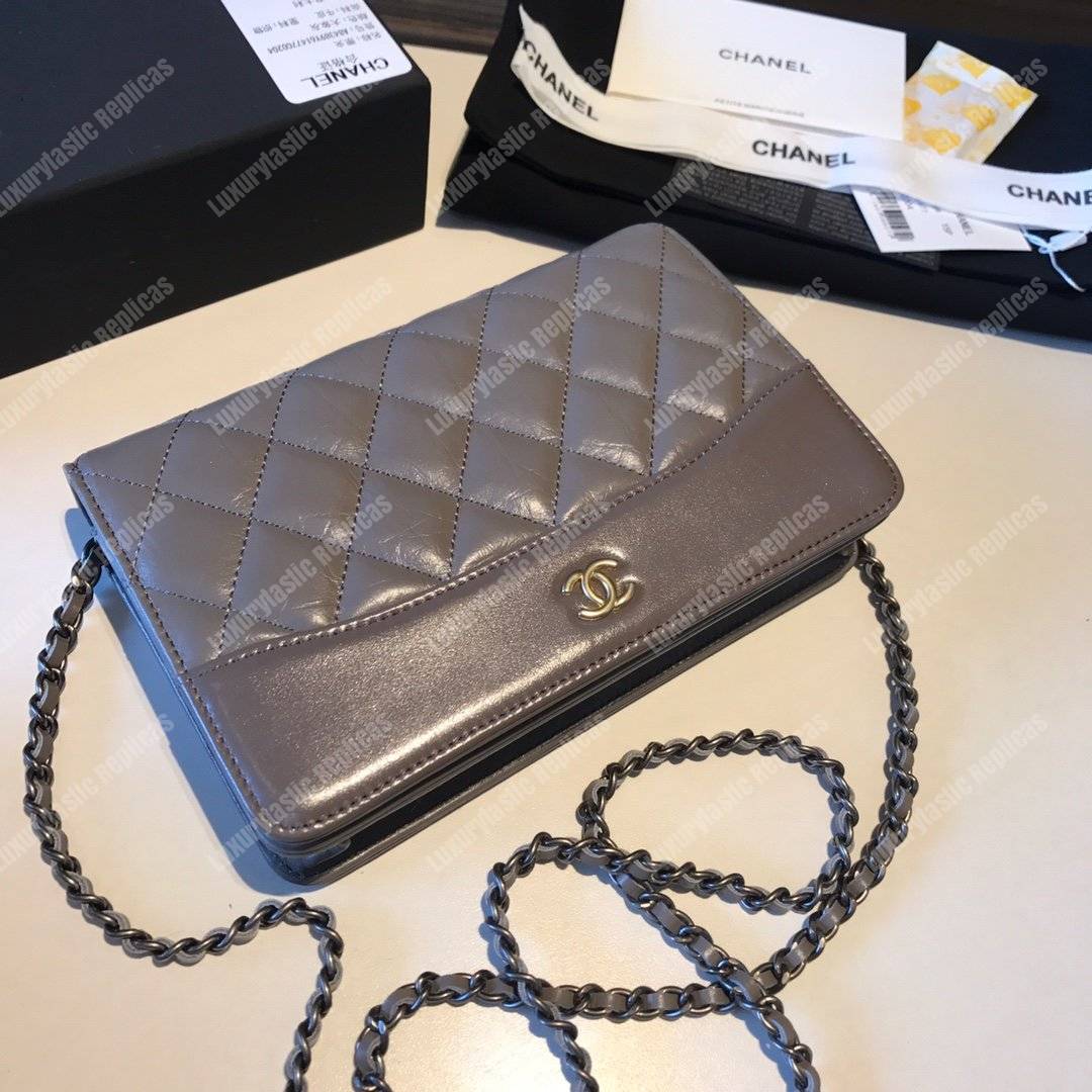 Ch*el wallet on chain – woc aged & smooth calfskin gray