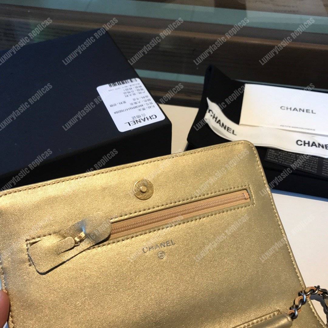 Ch*el wallet on chain – woc aged & smooth calfskin metallic gold