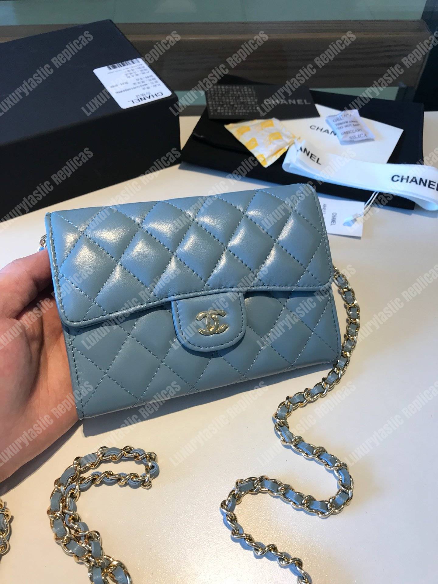 Ch*el classic clutch with chain – cwc lambskin light blue silver-toned
