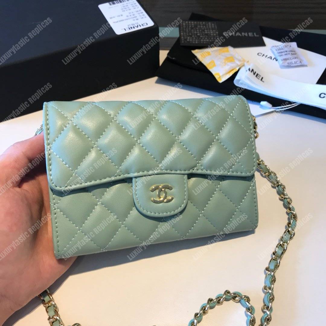 Ch*el classic clutch with chain – cwc lambskin seafoam green silver-toned