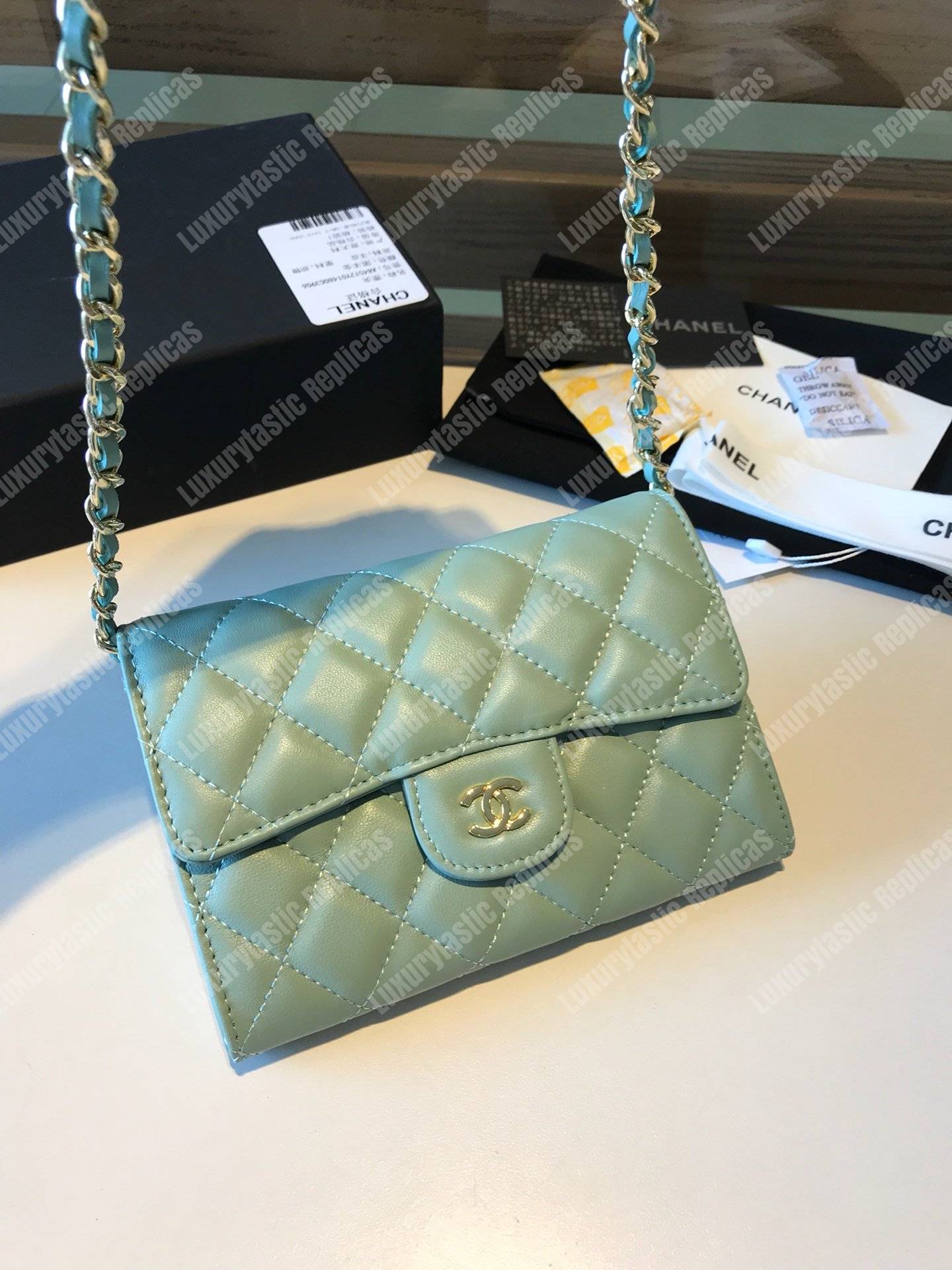Ch*el classic clutch with chain – cwc lambskin seafoam green silver-toned