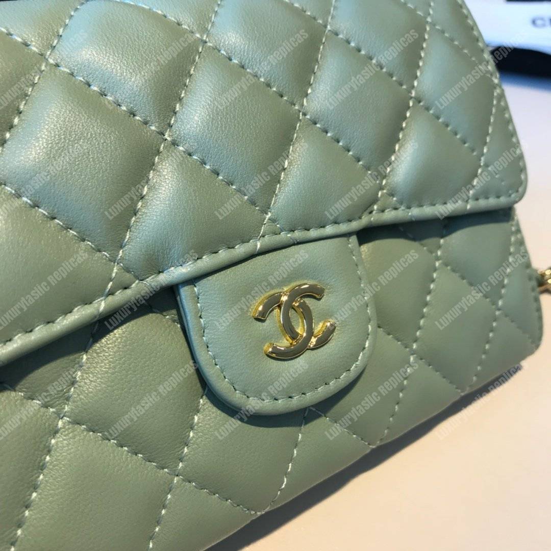 Ch*el classic clutch with chain – cwc lambskin seafoam green silver-toned