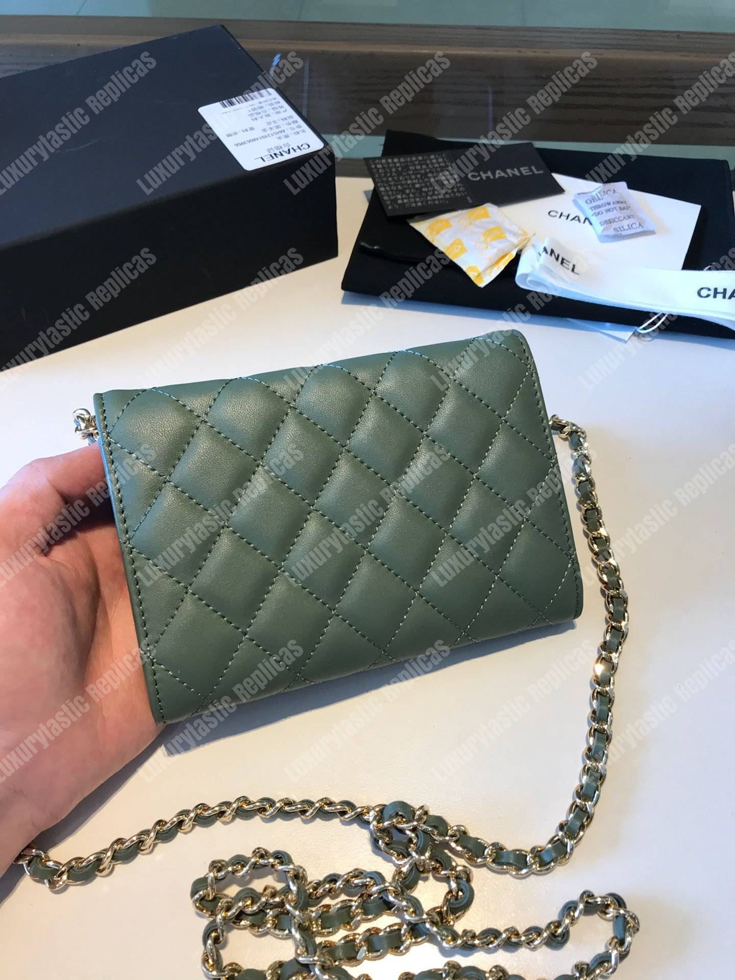 Ch*el classic clutch with chain – cwc lambskin pistachio silver-toned
